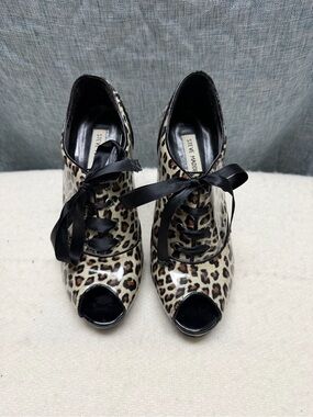 Steve Madden Leopard Print Peep-Toe Lace-Up Heels - Black & Brown